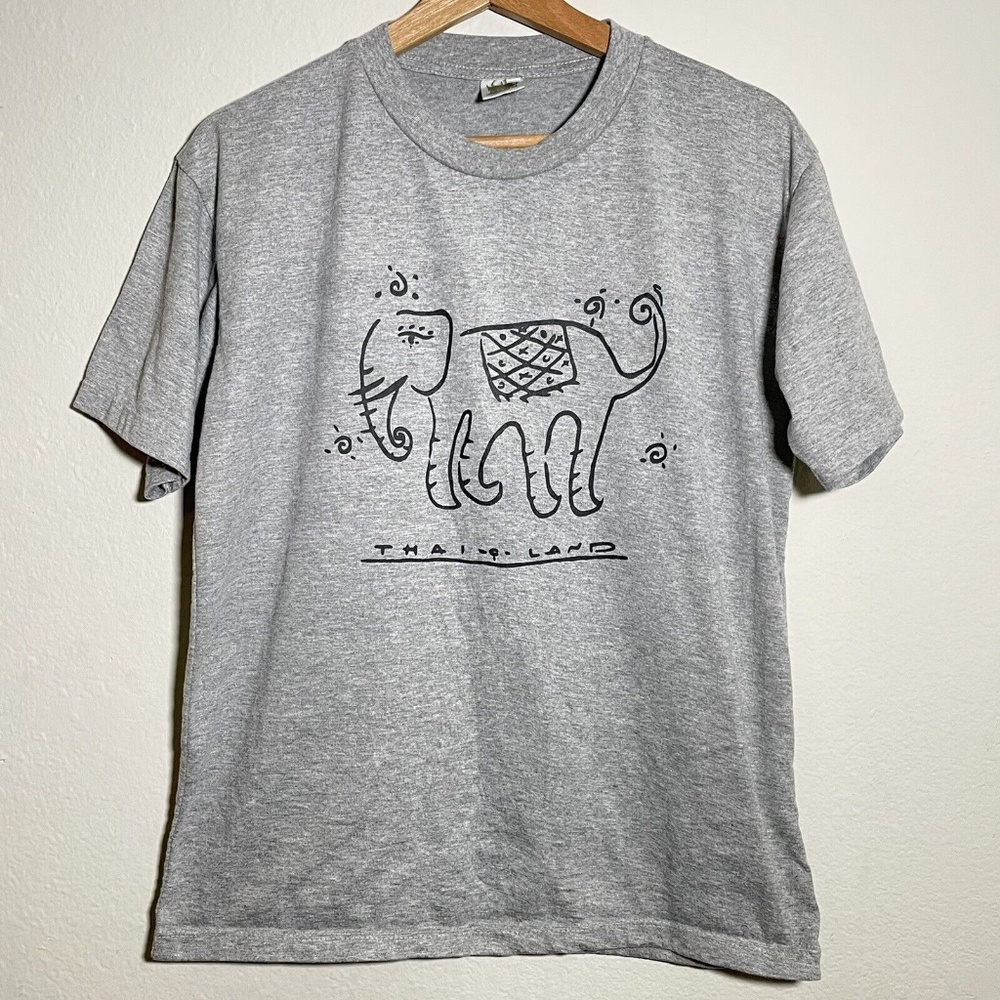 Thailand Gray Elephant Short Sleeve Graphic Women Travel T Shirt Size Medium